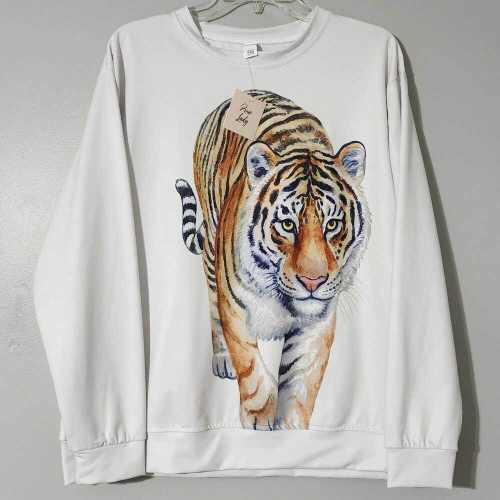 Pixie Lady - Prowling Tiger White Crewneck Pullover (Large, NWT)
